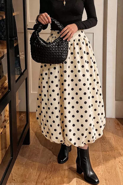 Polka Dot Bubble Hem Midi Skirt - Beige - View 5