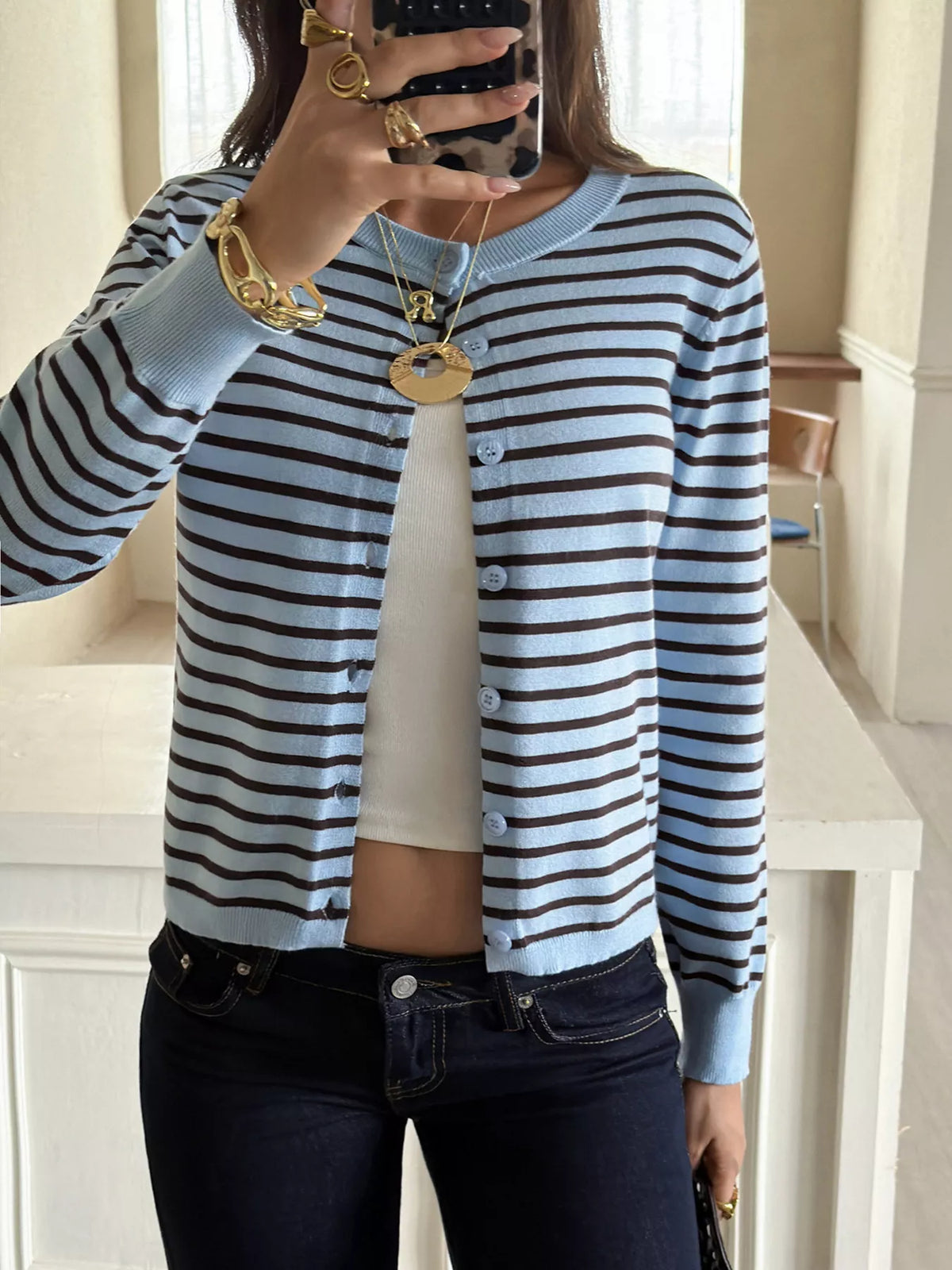 Striped Crew Neck Button-Down Cardigan - Colorful Stripes - View 4