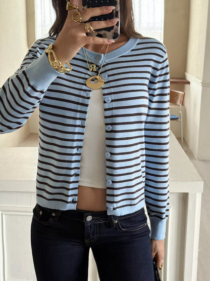 Striped Crew Neck Button-Down Cardigan - Colorful Stripes - View 4