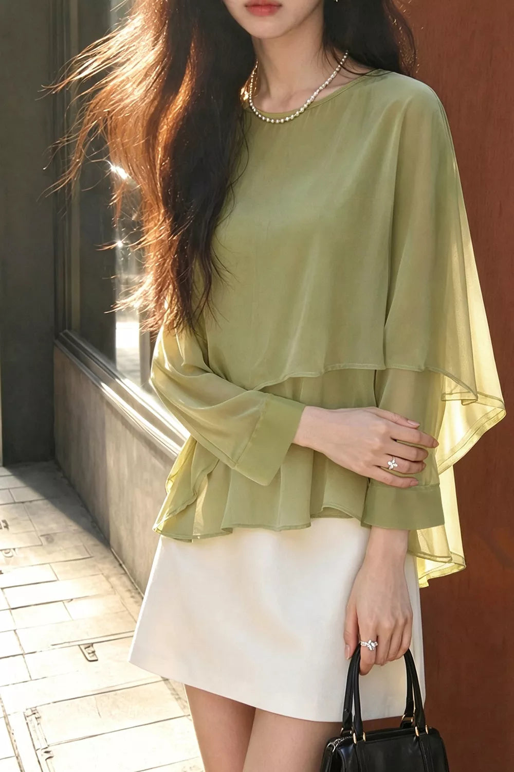 Layered Flutter Sleeve Chiffon Blouse - Matcha Green - View 1