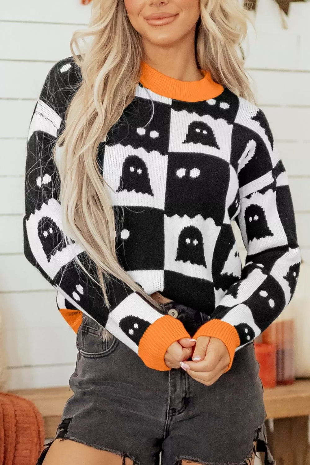 Halloween Ghost Pattern Checkerboard Sweater - Black - View 1