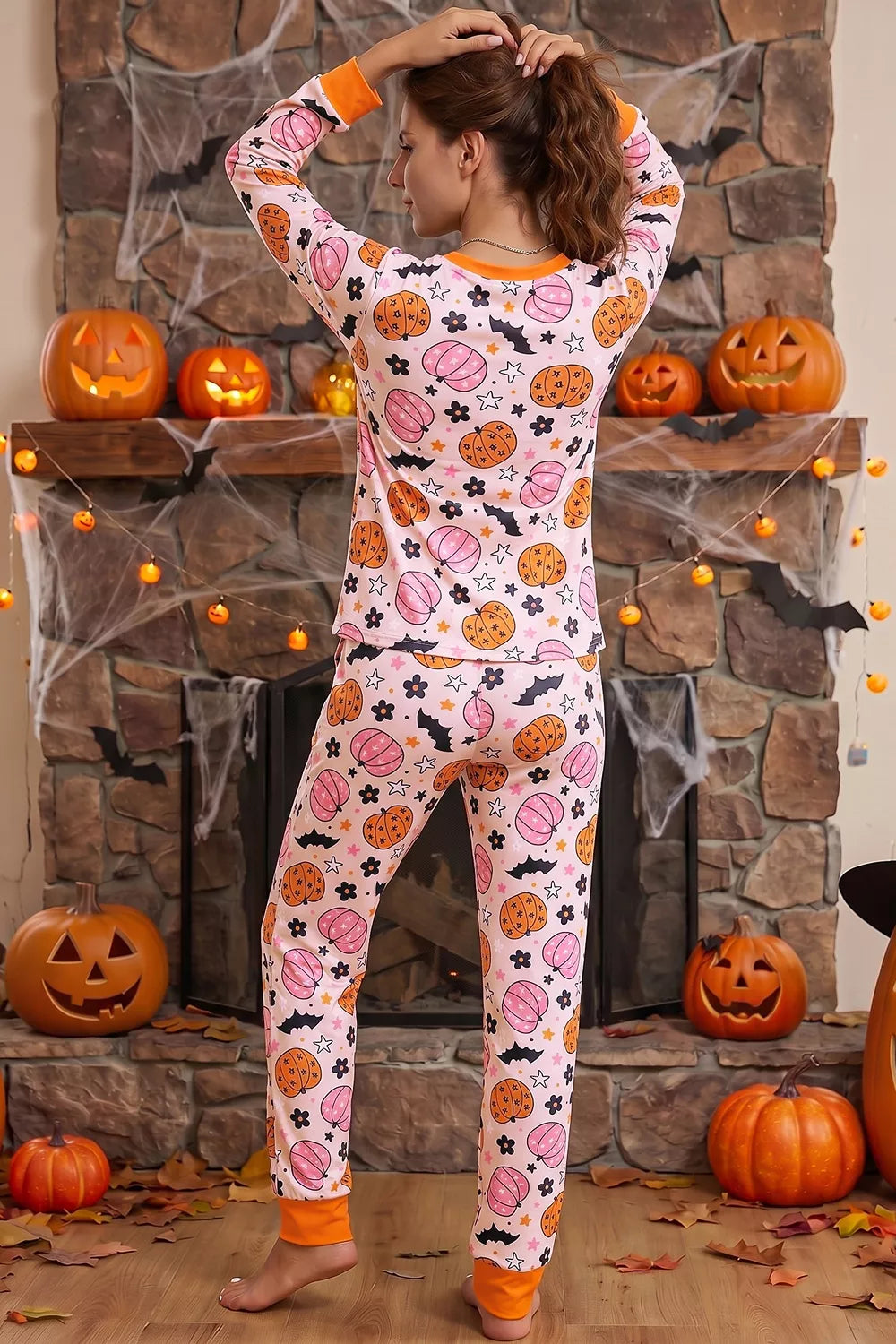 Halloween Pumpkin Print Long Sleeve Home Wear Lounge Set - Dusty Pink - View 3