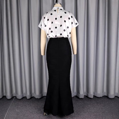 Wave dot top slim fit hip hugging long skirt two-piece set