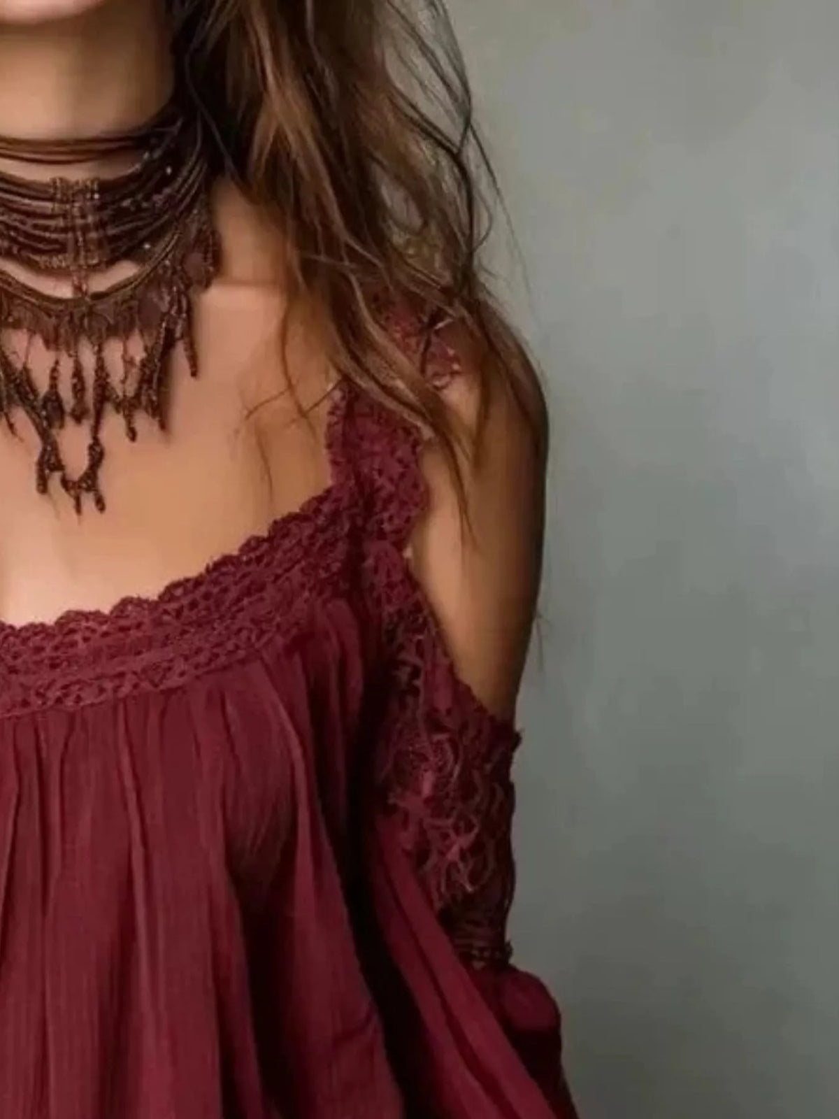 Lace Trim Cold Shoulder Blouse - Burgundy - View 2