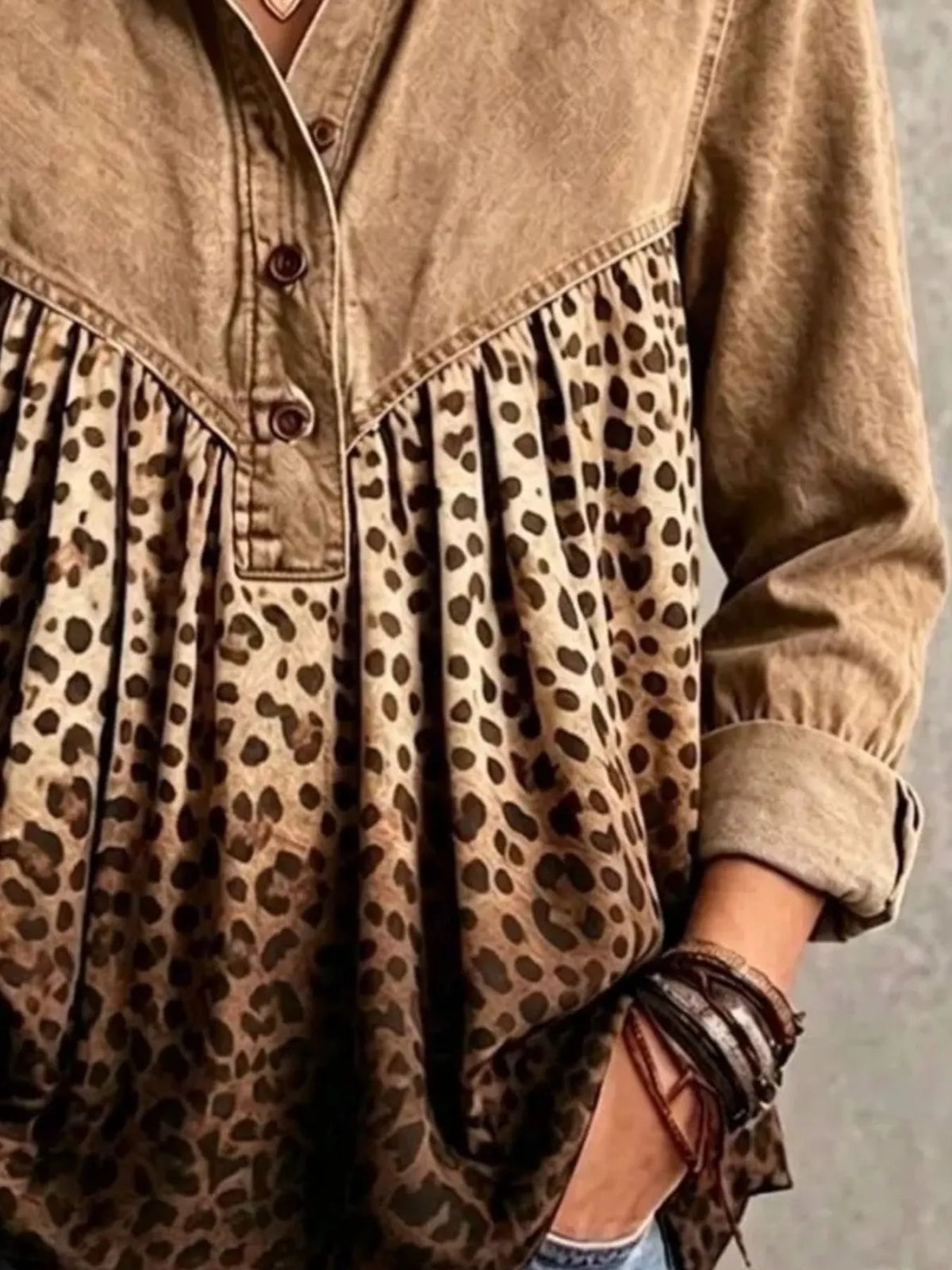 Full Size Leopard Button Detail Blouse Plus Size - Camel - View 3