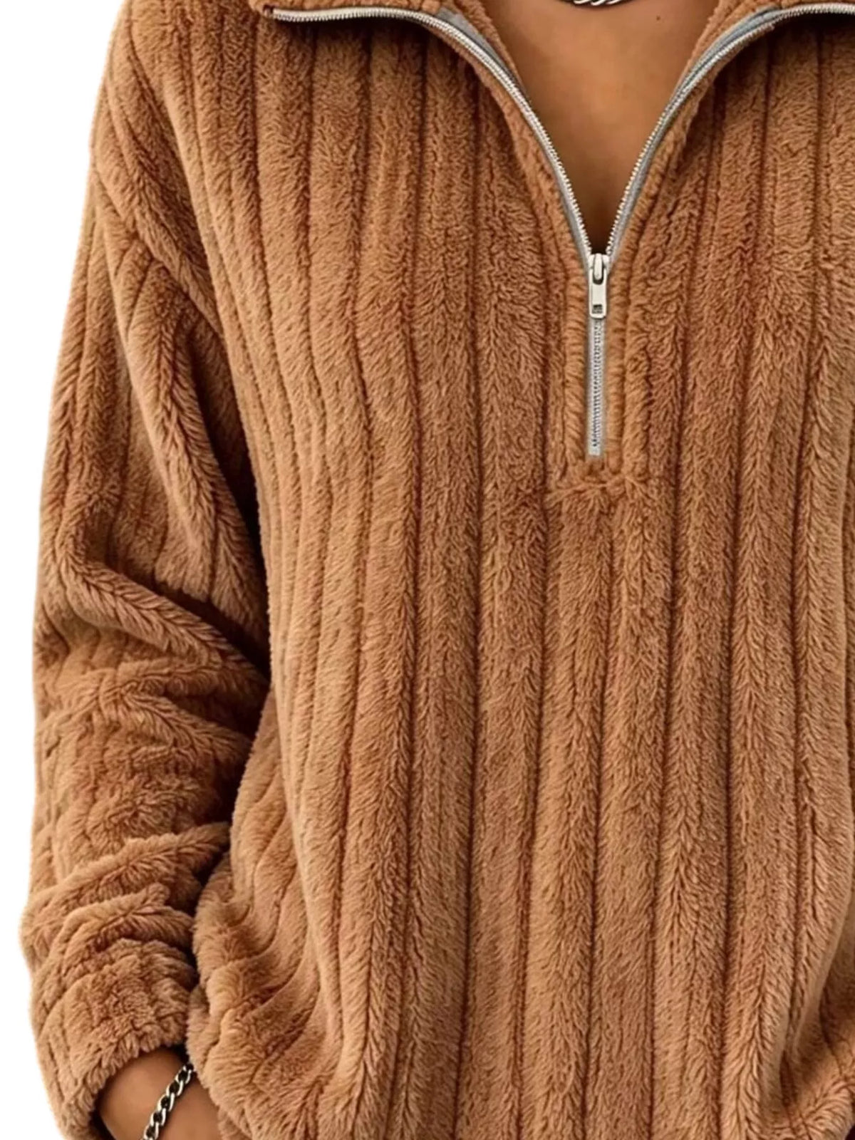 Quarter-Zip Dropped Shoulder Sweatshirt - Caramel - View 3