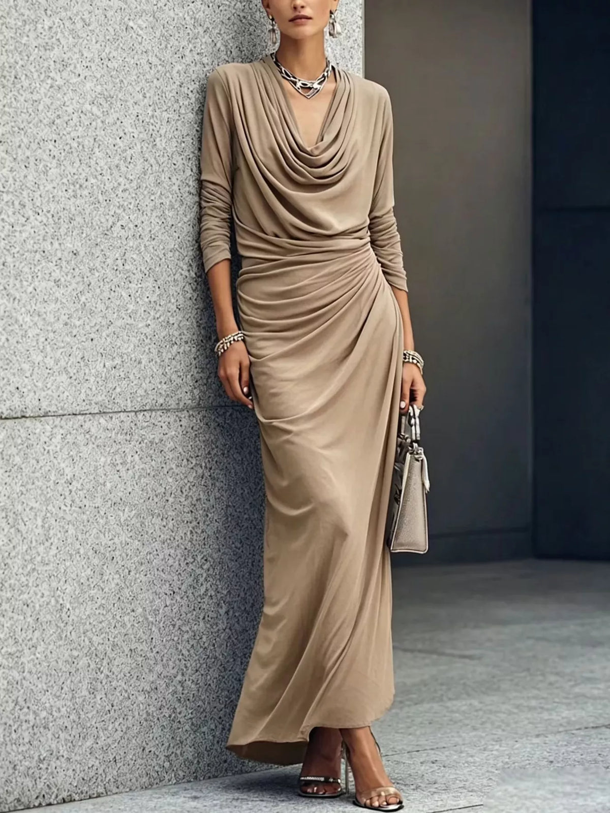 Cowl Neck Long Sleeve Maxi Dress - Khaki Color - View 1
