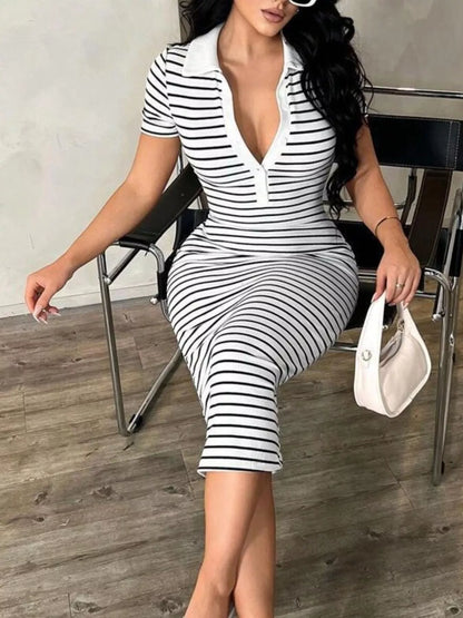 Striped Short Sleeve Bodycon Midi Dress - White - View 2