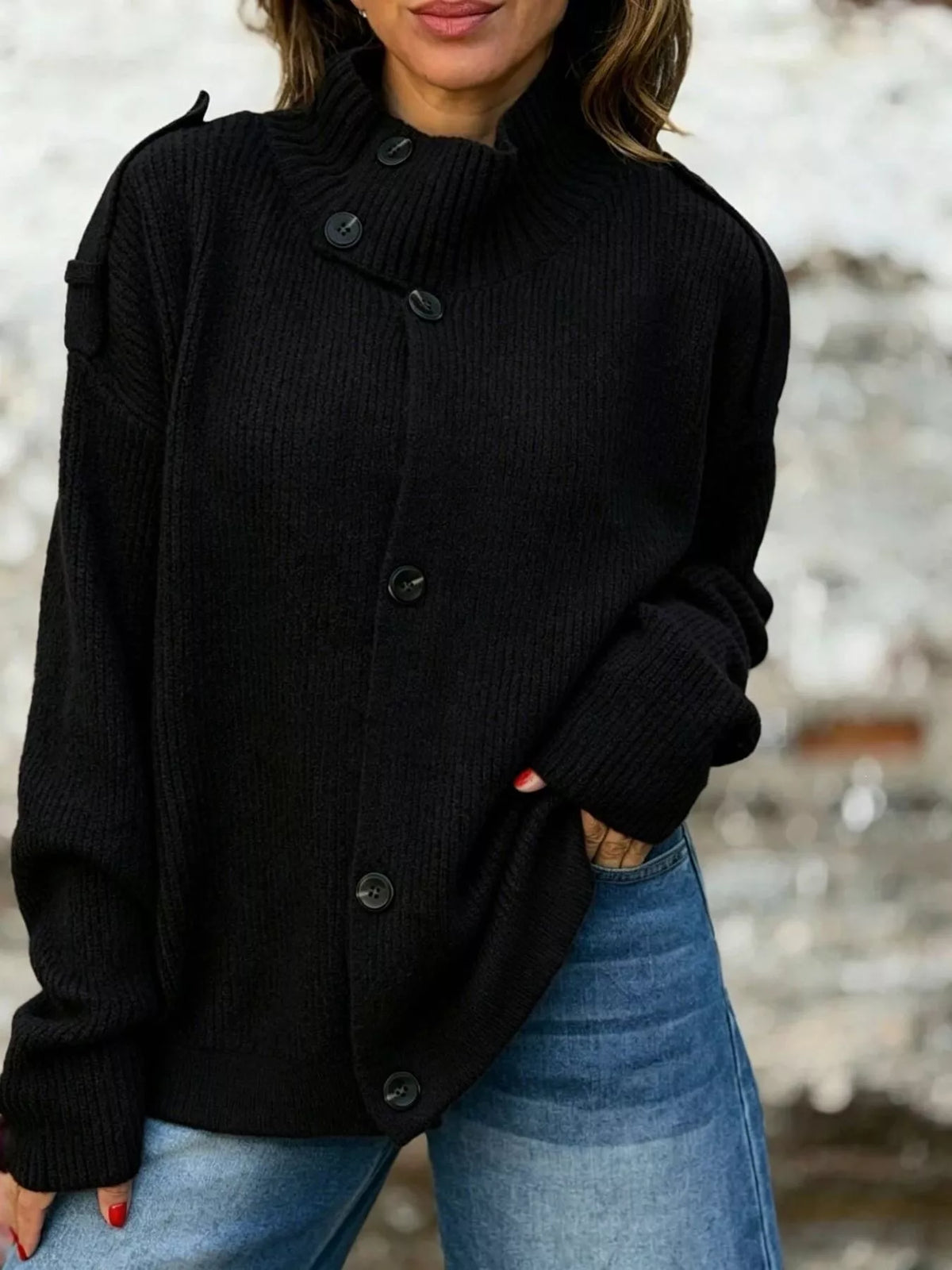 Full Size Button-Up Mock Neck Cardigan Plus Size - Black - View 1