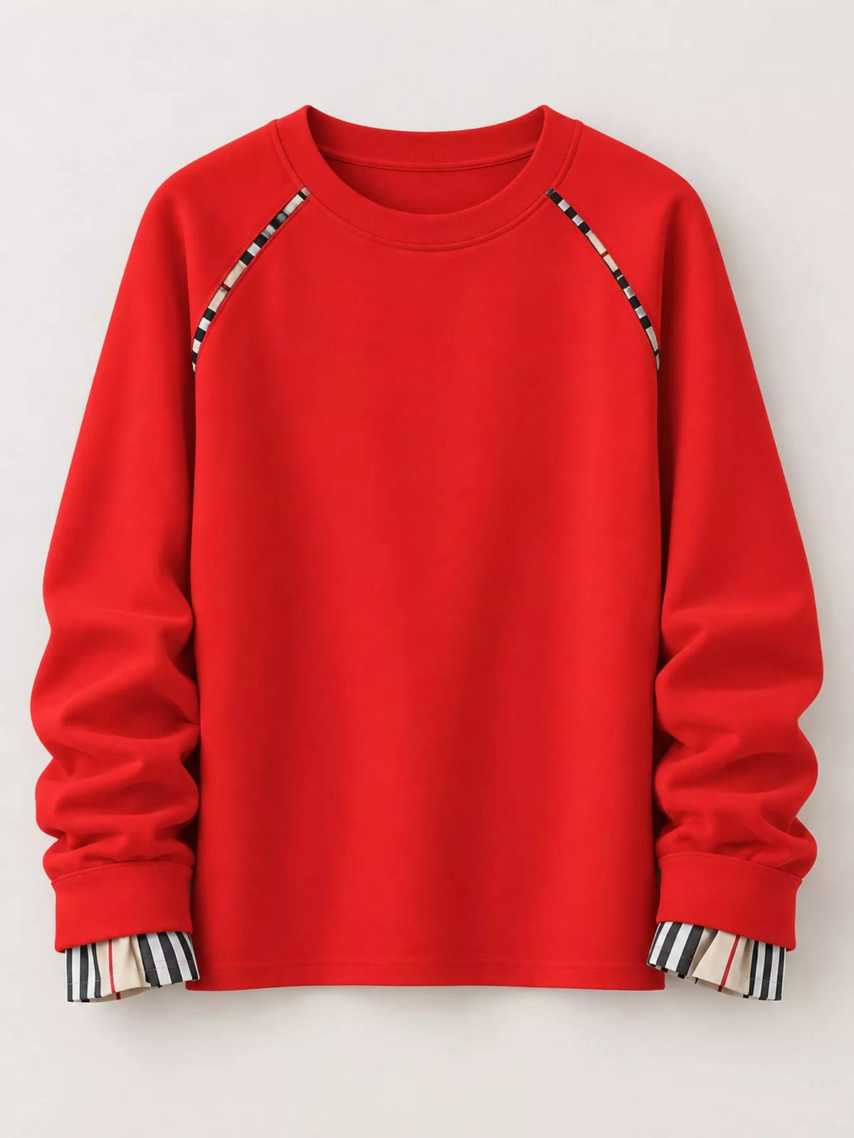 Plaid-Trimmed Crew Neck Sweatshirt - Red-Plain - View 8