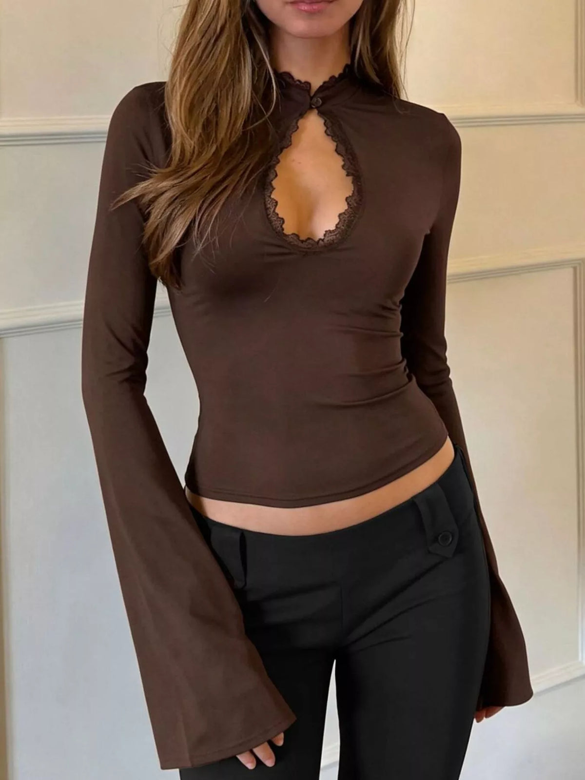 Lace-Trimmed Keyhole Long Sleeve T-Shirt - Coffee Brown - View 1
