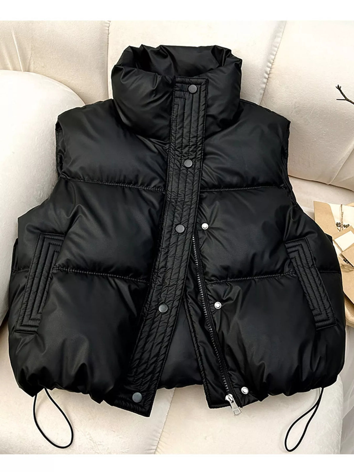 Drawstring Snap Down Puffer Vest Coat - Black - View 1