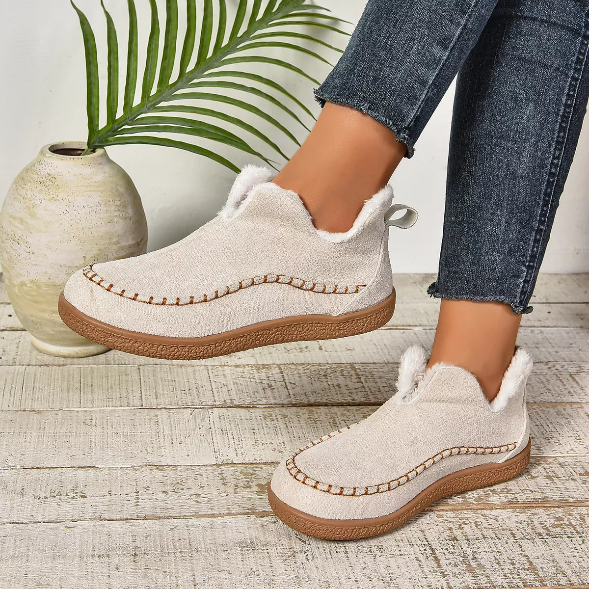 Round Toe Plush Lined Shoes - Cream - View 1