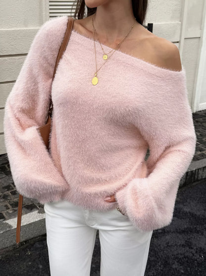 Fuzzy Boat Neck Sweater - Pink - View 1