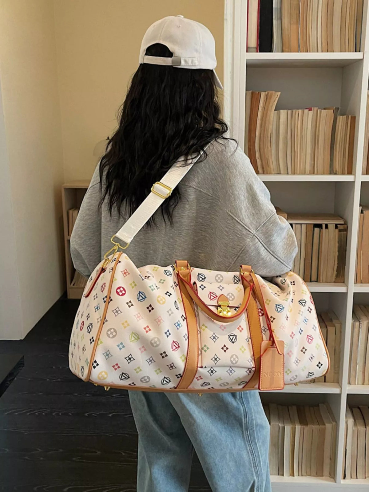 Printed Leather Travel Bag - Cream - View 1