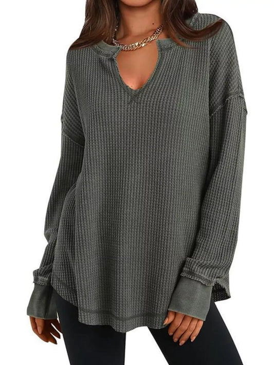 Waffle Knit Long Sleeve Sweatshirt - Gray - Styled Front View
