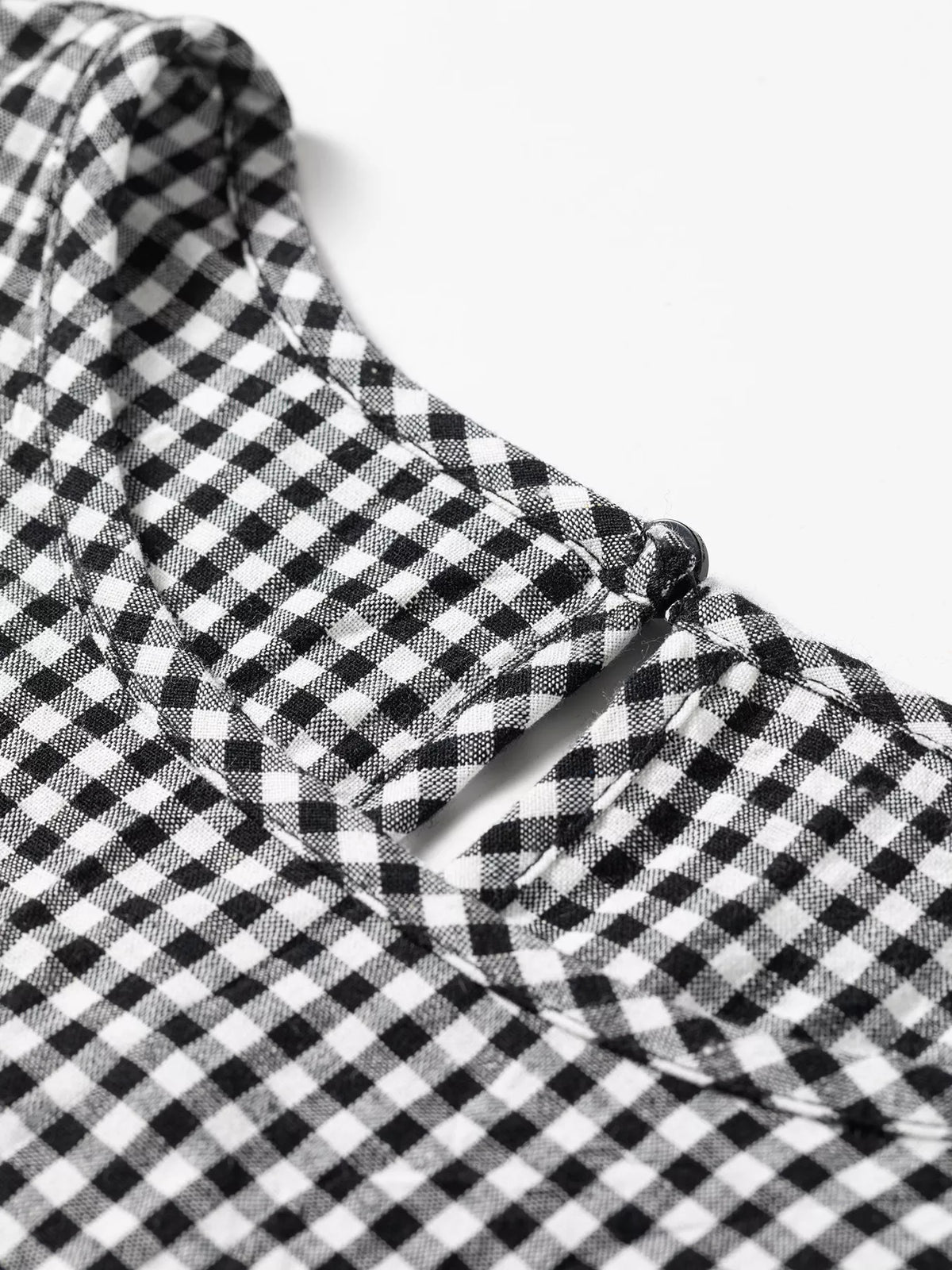 Plaid Shirred Cuff Long Sleeve Round Neck Blouse - Black - View 8