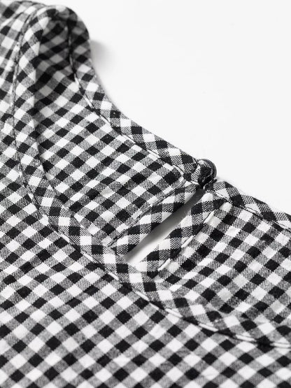 Plaid Shirred Cuff Long Sleeve Round Neck Blouse - Black - View 8