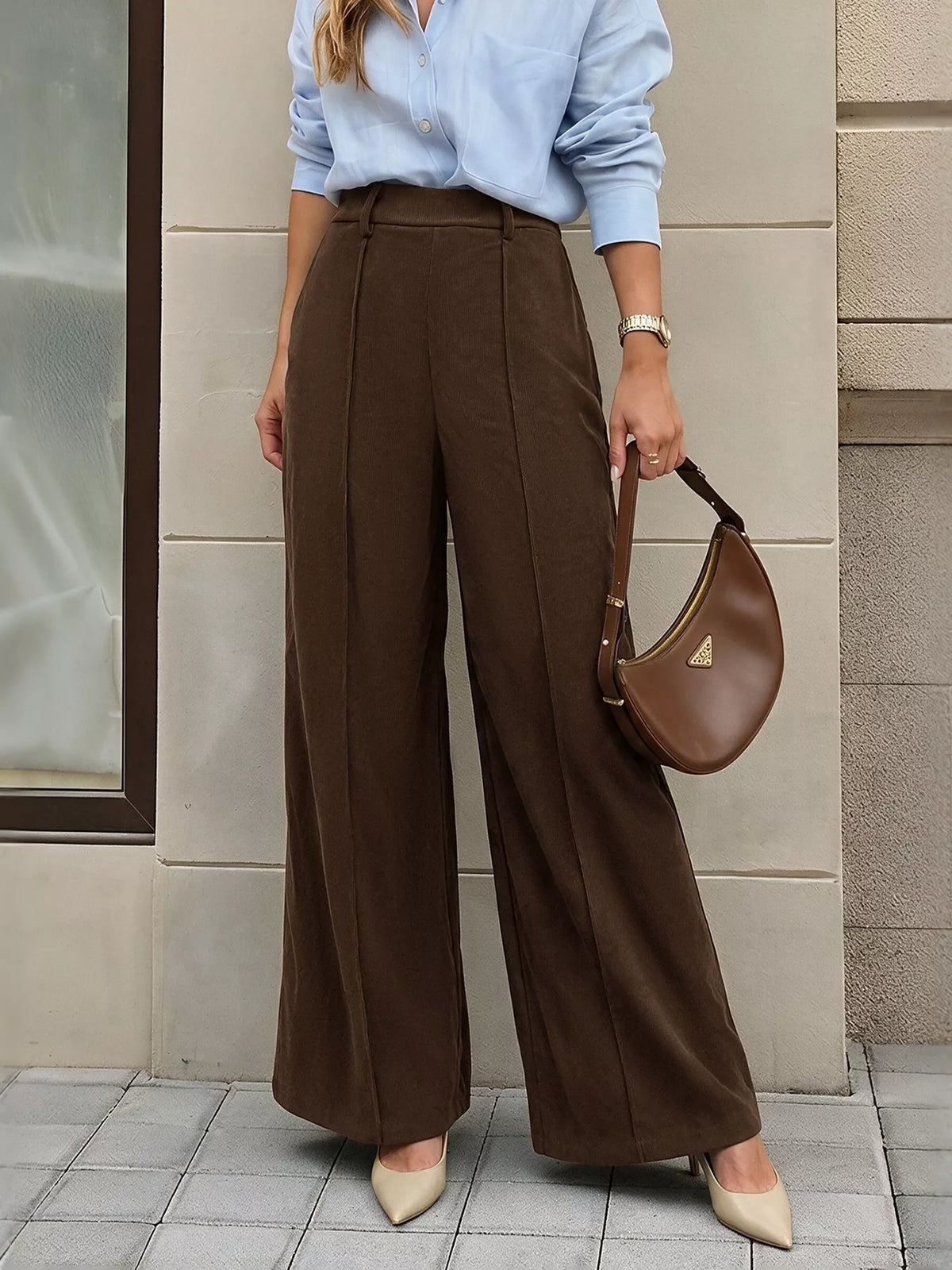 High-Waisted Wide-Leg Pants - Coffee Brown - View 1