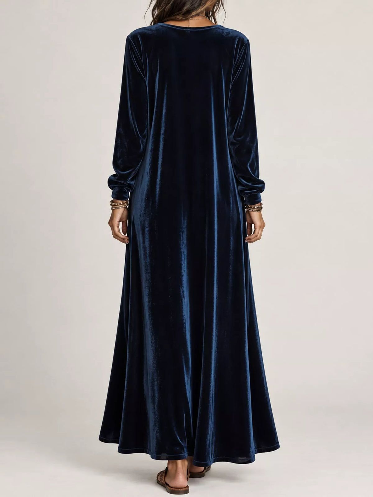 Velvet Long-Sleeve Maxi Dress - Navy - View 3