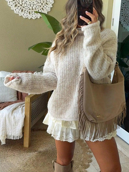 Mock Neck Chunky Knit Sweater - Beige - View 2