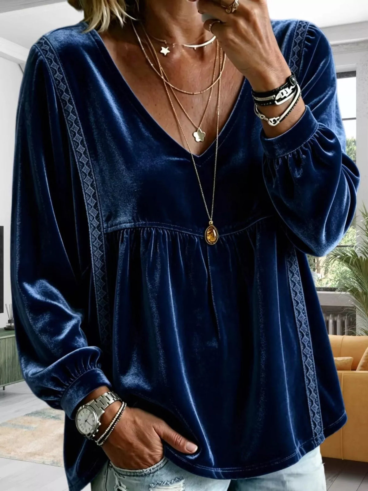 Full Size Velvet Lace Detail V-Neck Blouse Plus Size - Navy - View 5