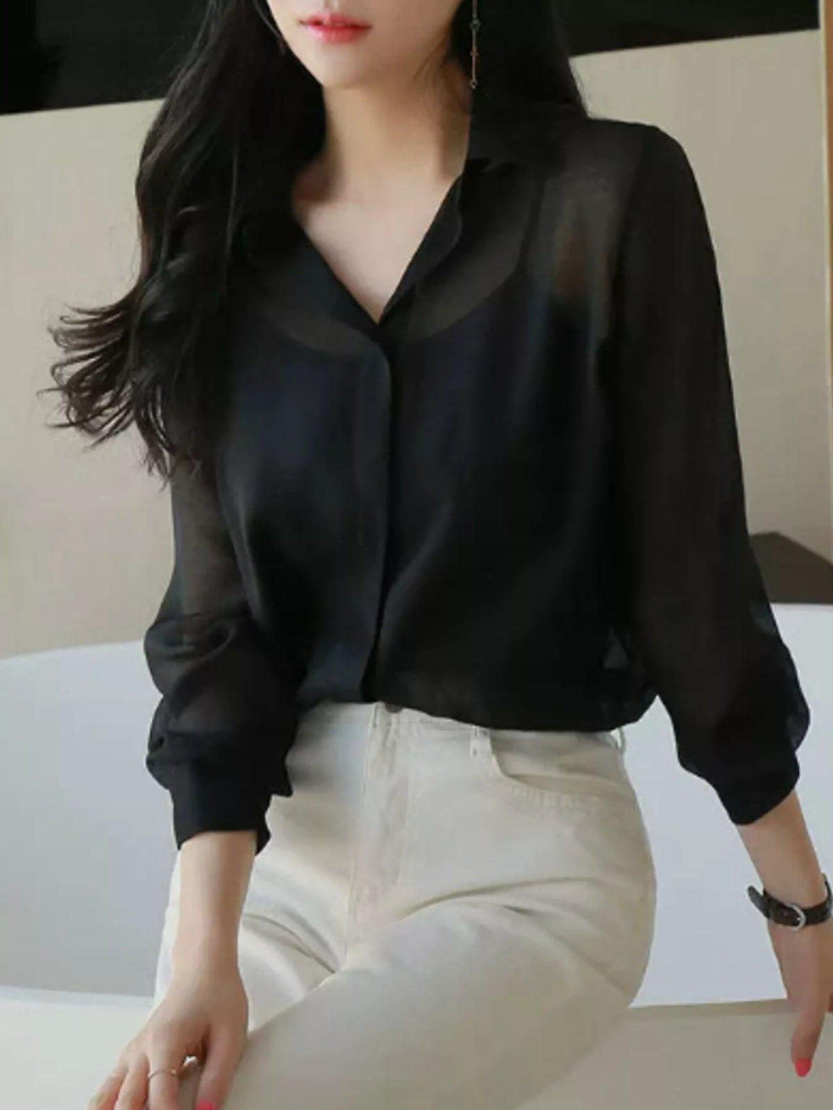 Elegant Sheer Long Sleeve Shirt - Black - View 4
