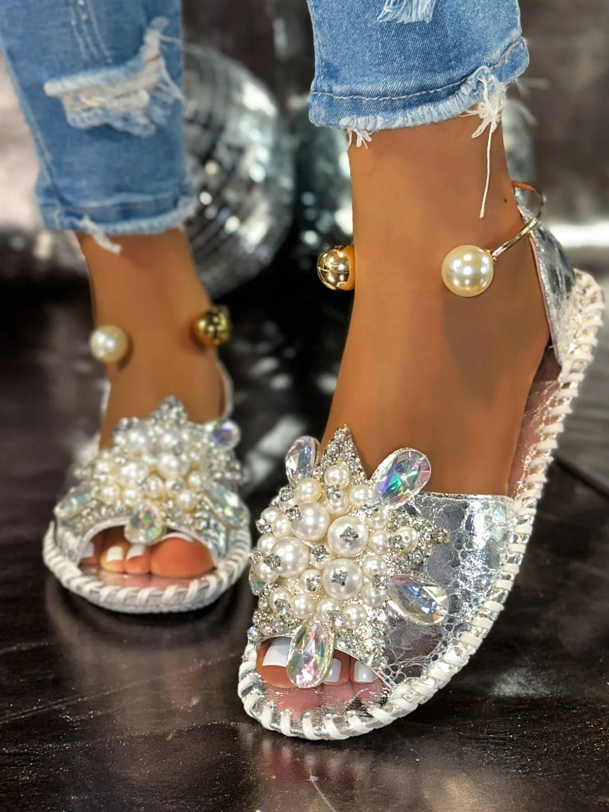 Pearl Embellished Flat Sandals - Silver - View 1