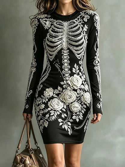 Skeleton Floral Long Sleeve Bodycon Dress - White - View 1