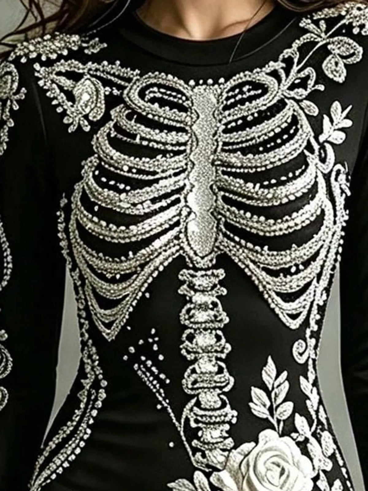 Skeleton Floral Long Sleeve Bodycon Dress - White - View 4