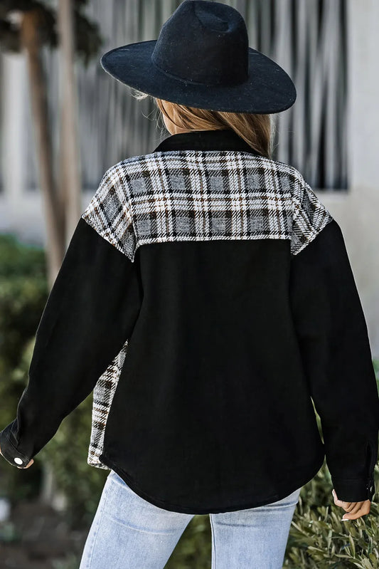 Plaid Pocketed Button Up Denim Jacket - product photo 2