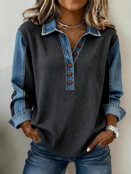 Denim Trim Button Detail Sweatshirt - Gray - View 1