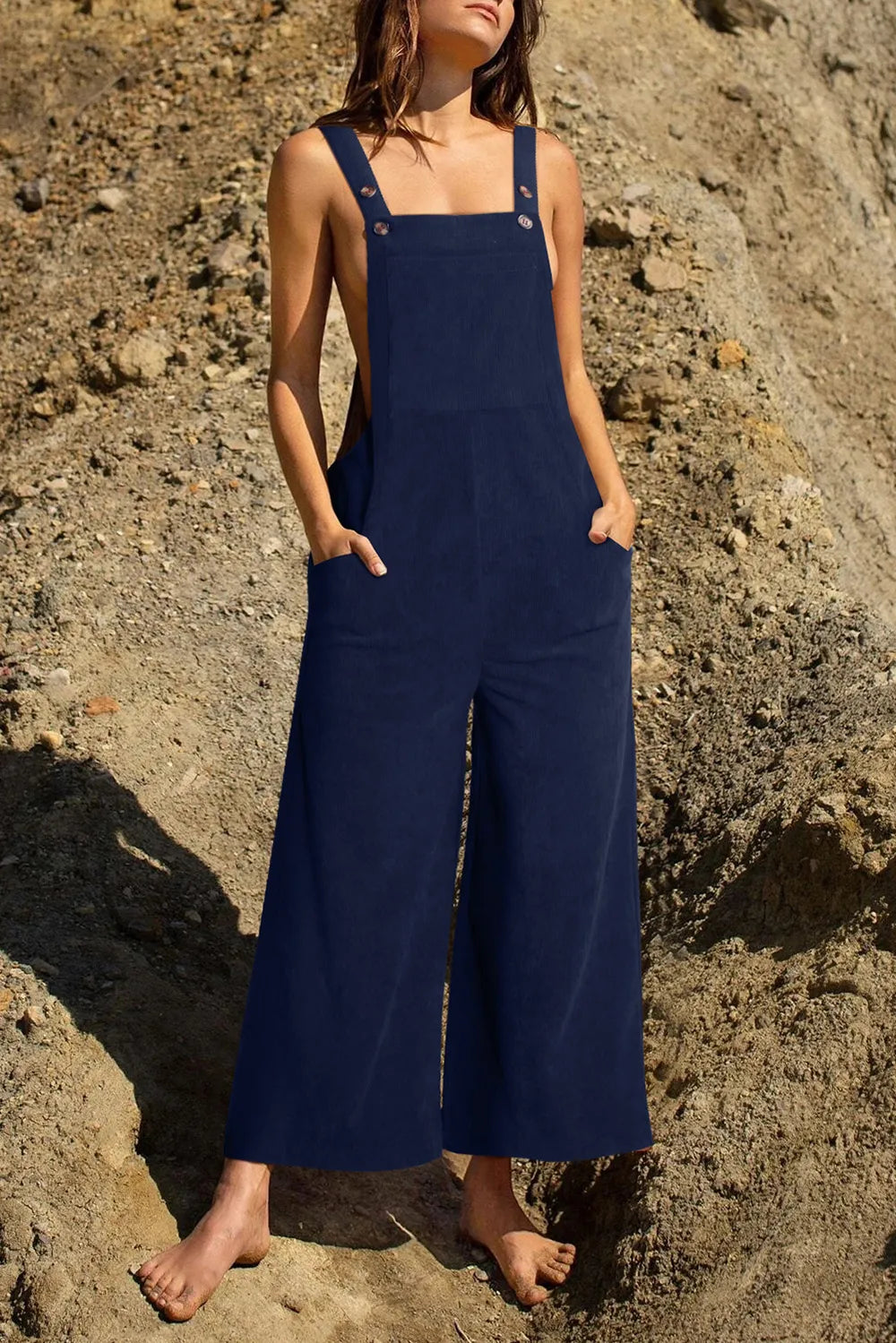 Pocketed Wide Leg Overall - Dark Blue - View 25