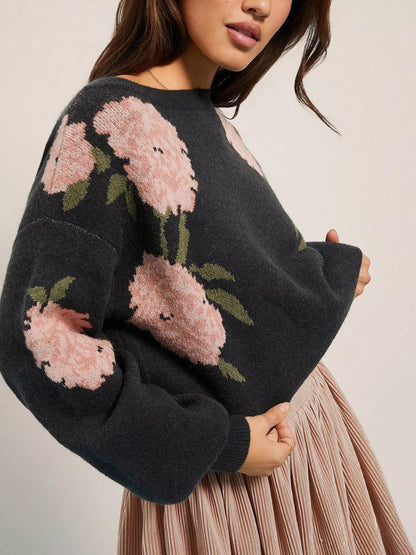 Floral Pattern Dropped Shoulder Sweater - Black - View 3