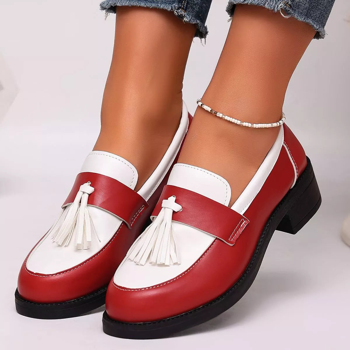Round Toe Block Heels Loafers - Red - View 8