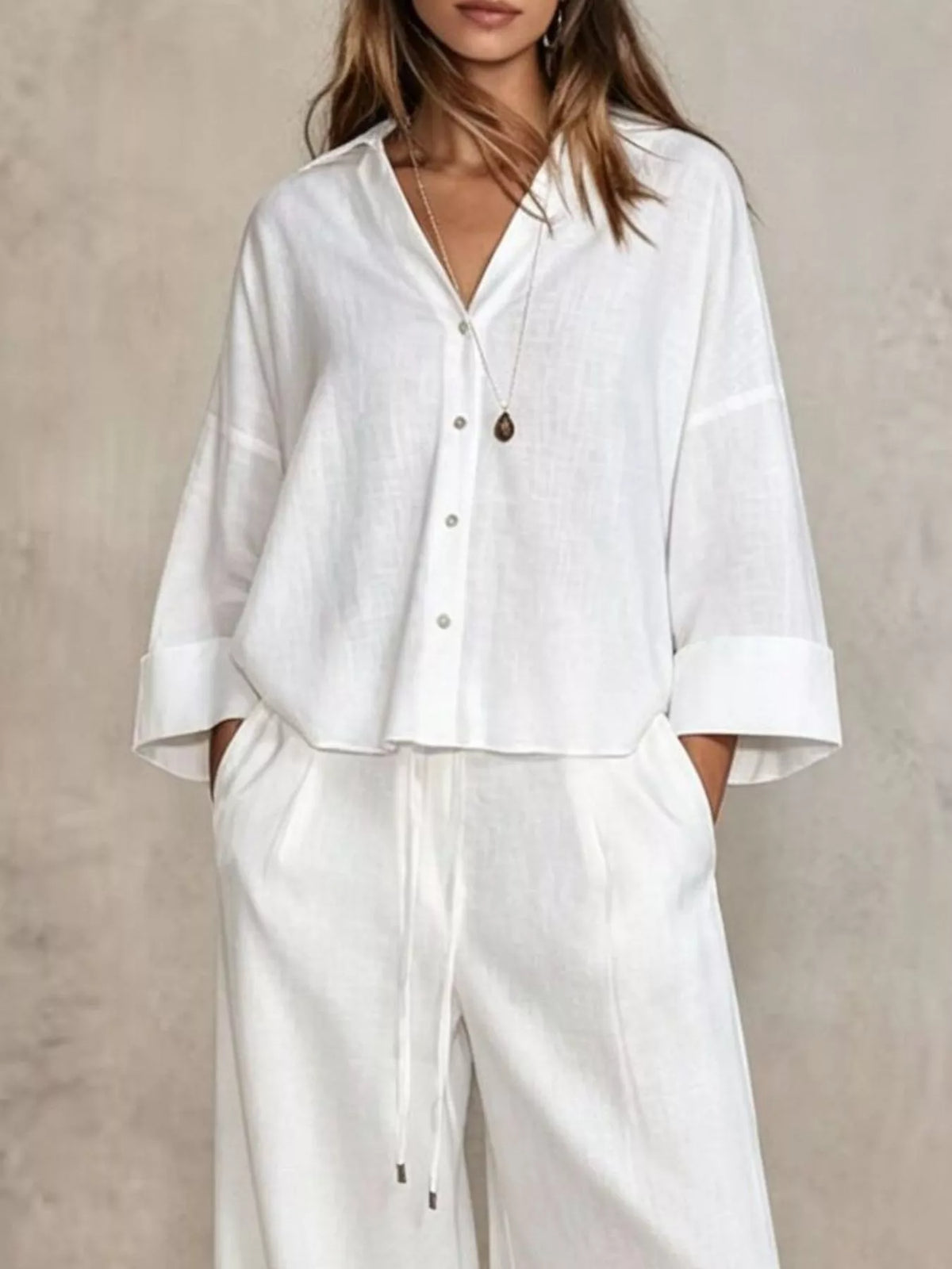 Full Size Button-Down Shirt and Wide-Leg Pants Set Plus Size - White - View 20