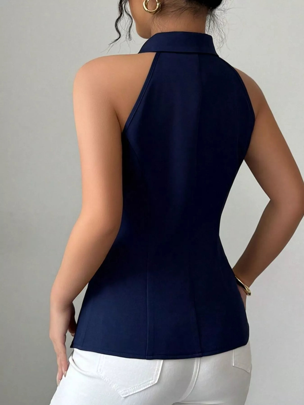 Sleeveless Lapel Collar Button-Down Vest - Dark Blue - View 6