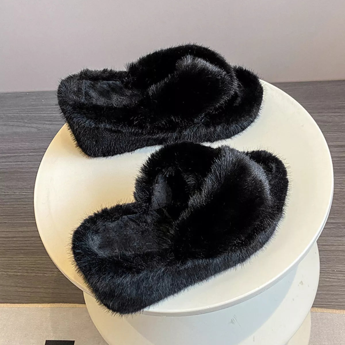 Fluffy Wedge Slippers - Black - View 2