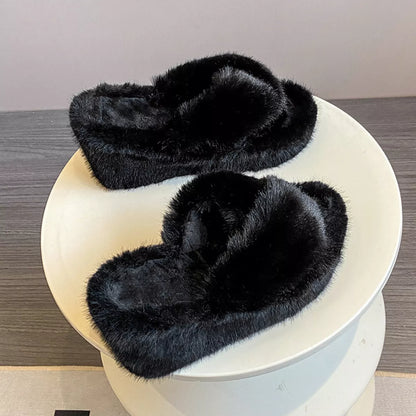 Fluffy Wedge Slippers - Black - View 2