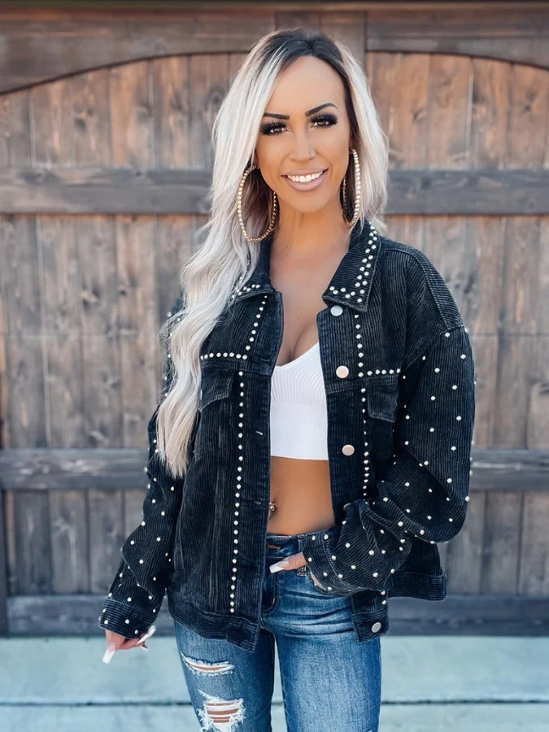 Studded Collared Neck Button Down Jacket - Black - Styled Front View