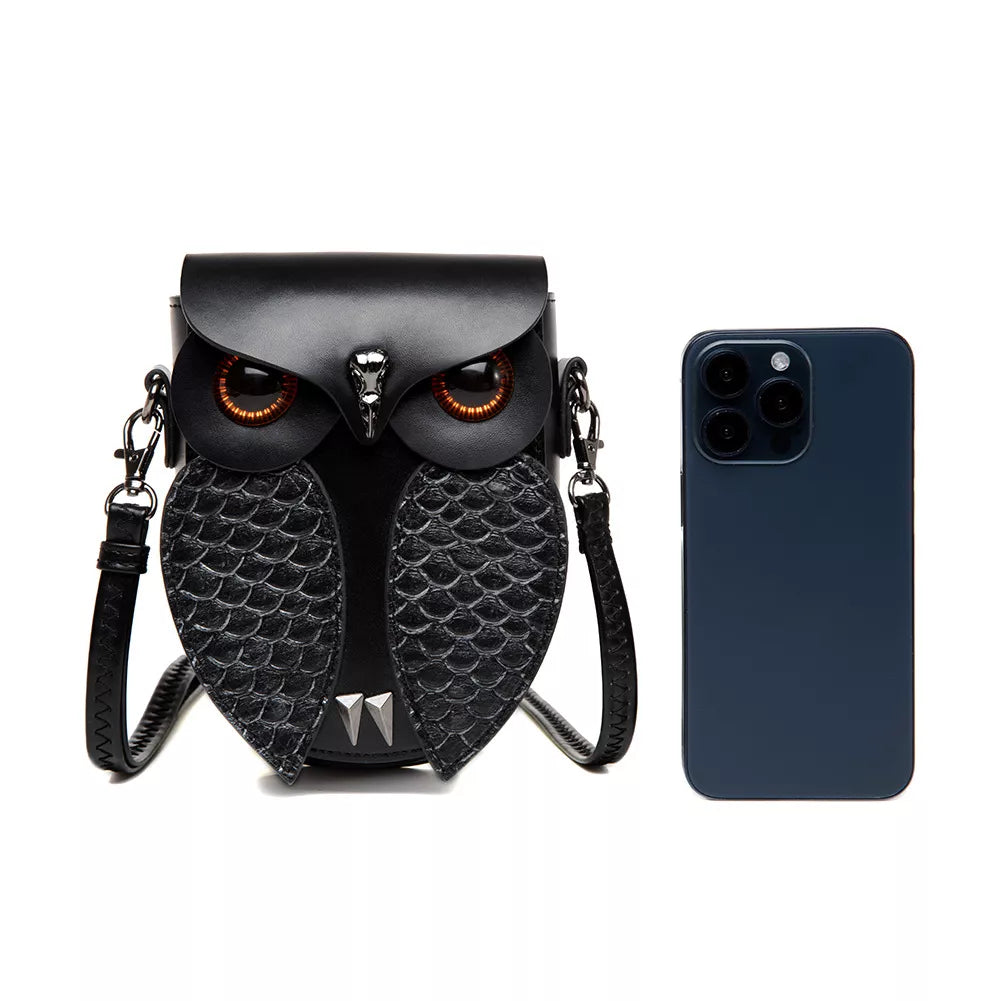 Owl Design Leather Crossbody Bag - Black - View 3