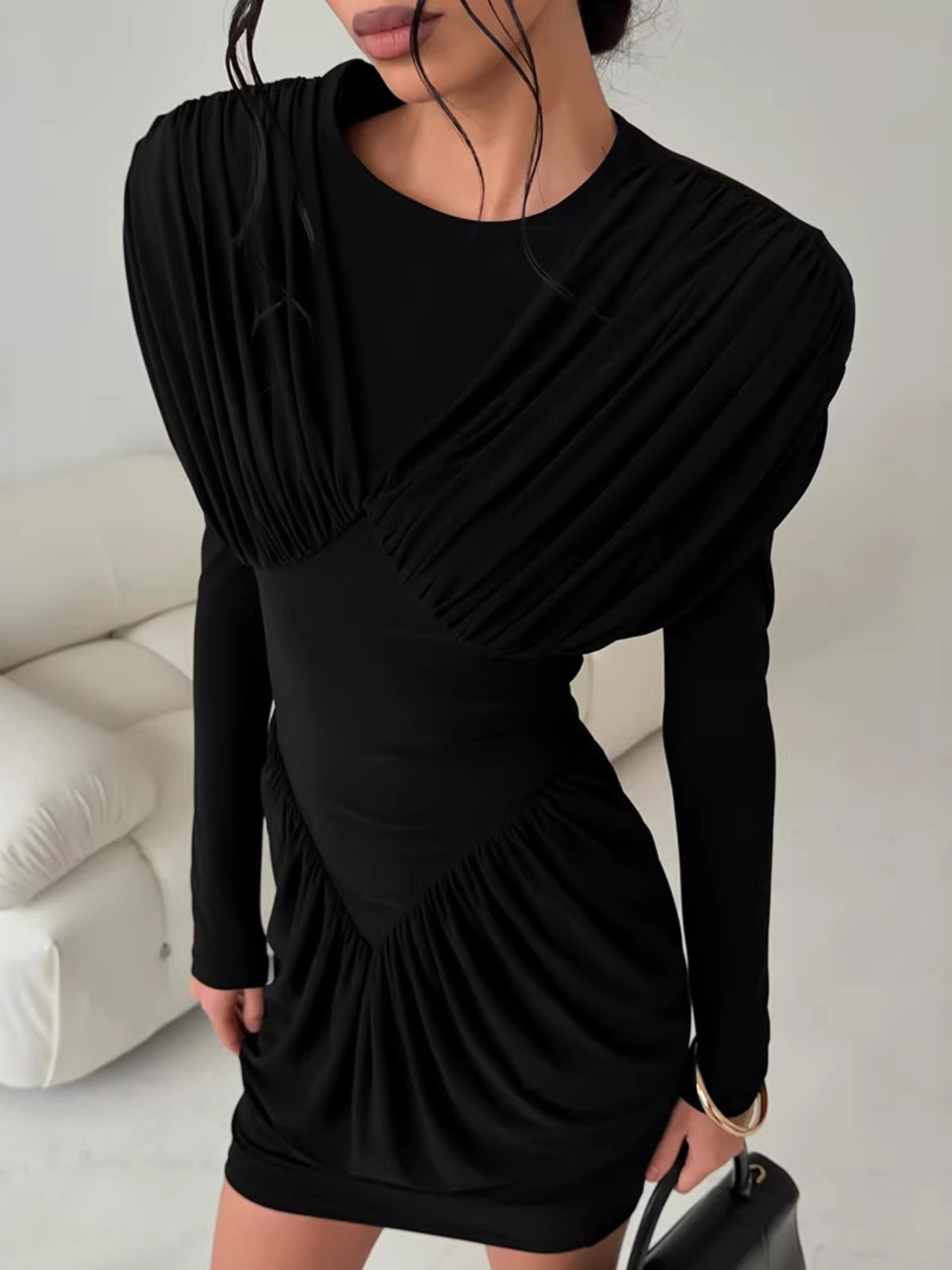 Ruched Long Sleeve Bodycon Mini Dress - Black - View 4