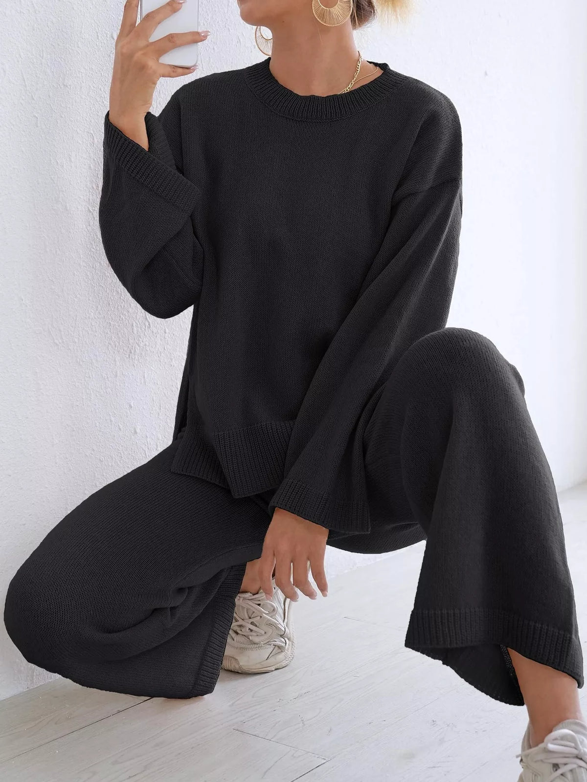 Dropped Shoulder Top and Pants Sweater Set - Black Suit - View 6
