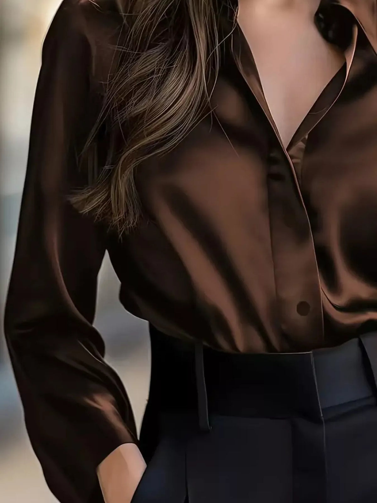 Button Down Collared Neck Long Sleeve Shirt - Coffee Brown - View 8