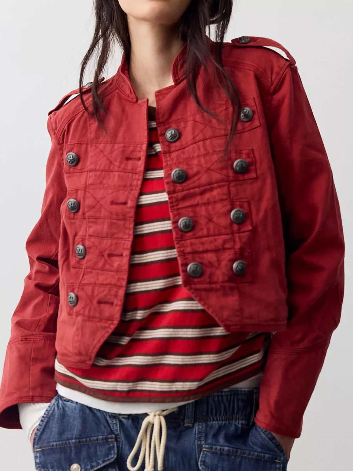 Decorative Button Cropped Jacket - Red - View 1