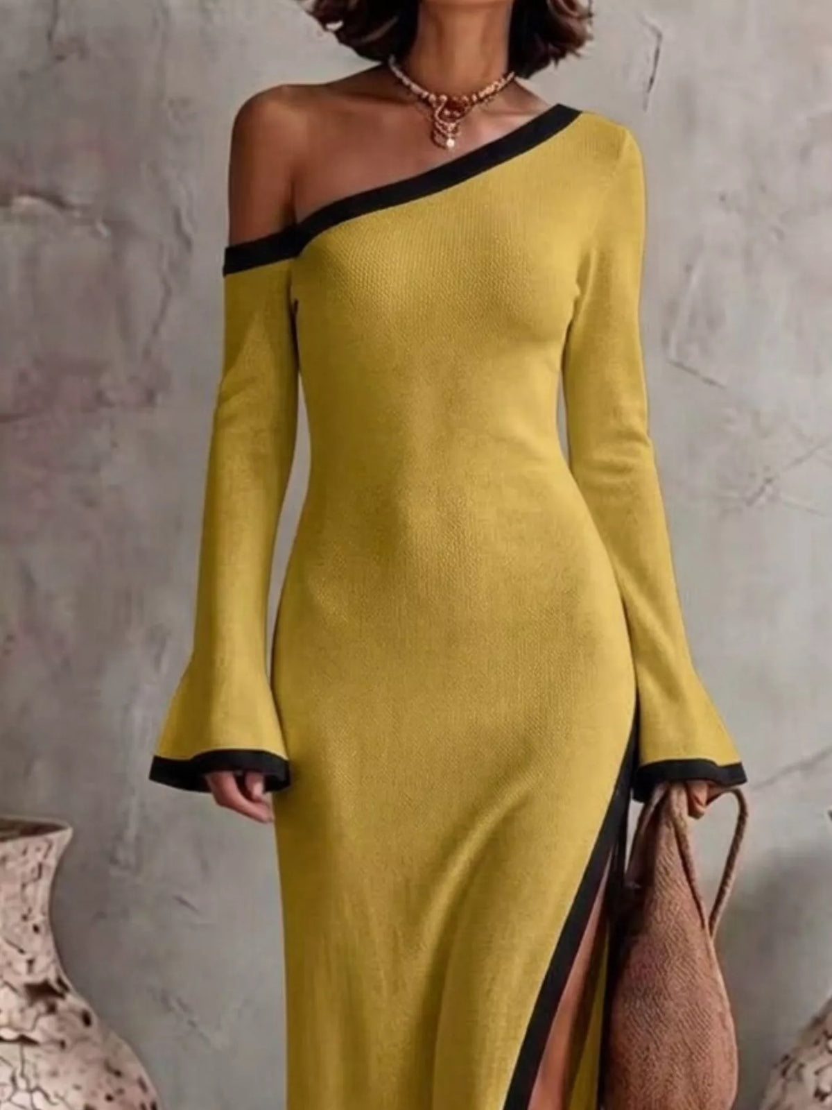 Slit One-Shoulder Contrast Trim Maxi Dress - Mustard - View 2