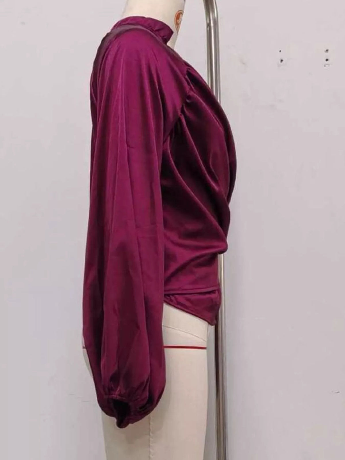 Satin Balloon Sleeve Blouse - Burgundy - View 12