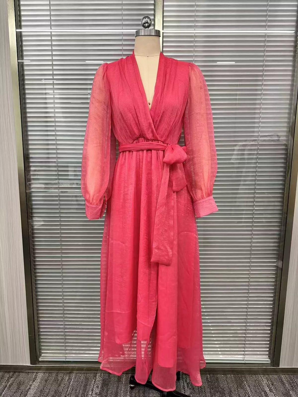 Long Sleeve Chiffon Wrap Maxi Dress with High Slit - Strawberry - View 3