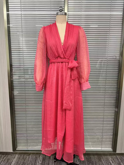Long Sleeve Chiffon Wrap Maxi Dress with High Slit - Strawberry - View 3