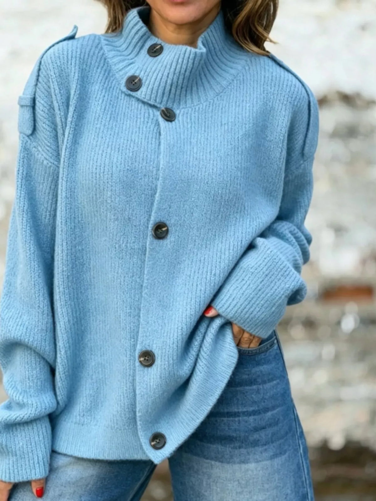 Full Size Button-Up Mock Neck Cardigan Plus Size - Sky Blue - View 1